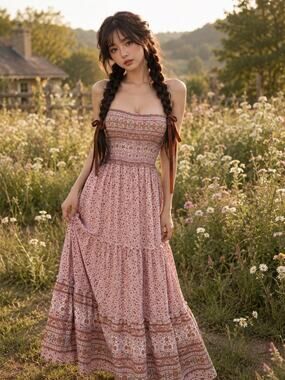 Blooming Meadowsong strapless smocked meadowcore floral twirly maxi dress